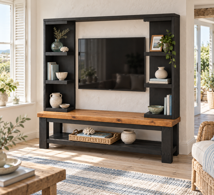 Wrenford Black Media Wall Unit with TV Stand & Shelving Solid Wood