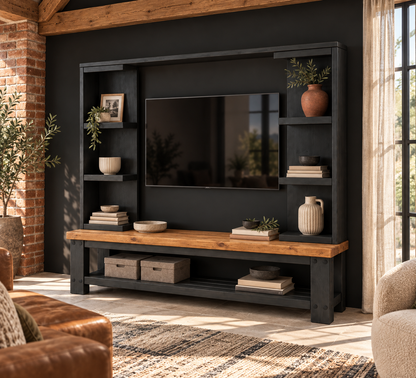Wrenford Black Media Wall Unit with TV Stand & Shelving Solid Wood