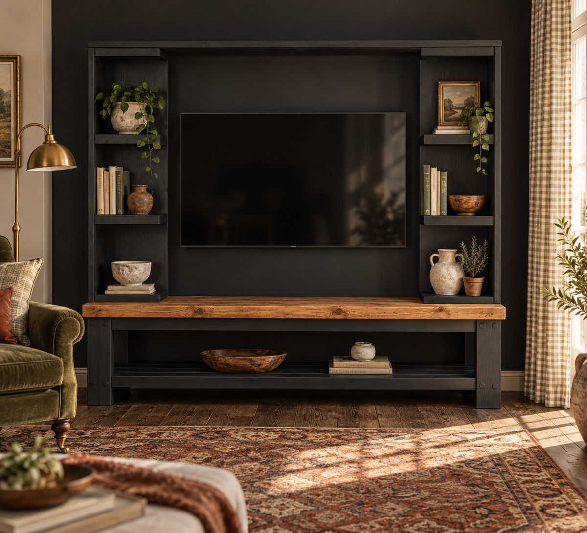 Wrenford Black Media Wall Unit with TV Stand & Shelving Solid Wood