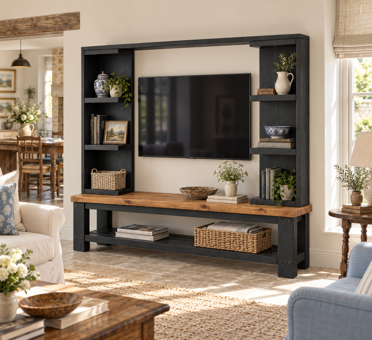 Wrenford Black Media Wall Unit with TV Stand & Shelving Solid Wood