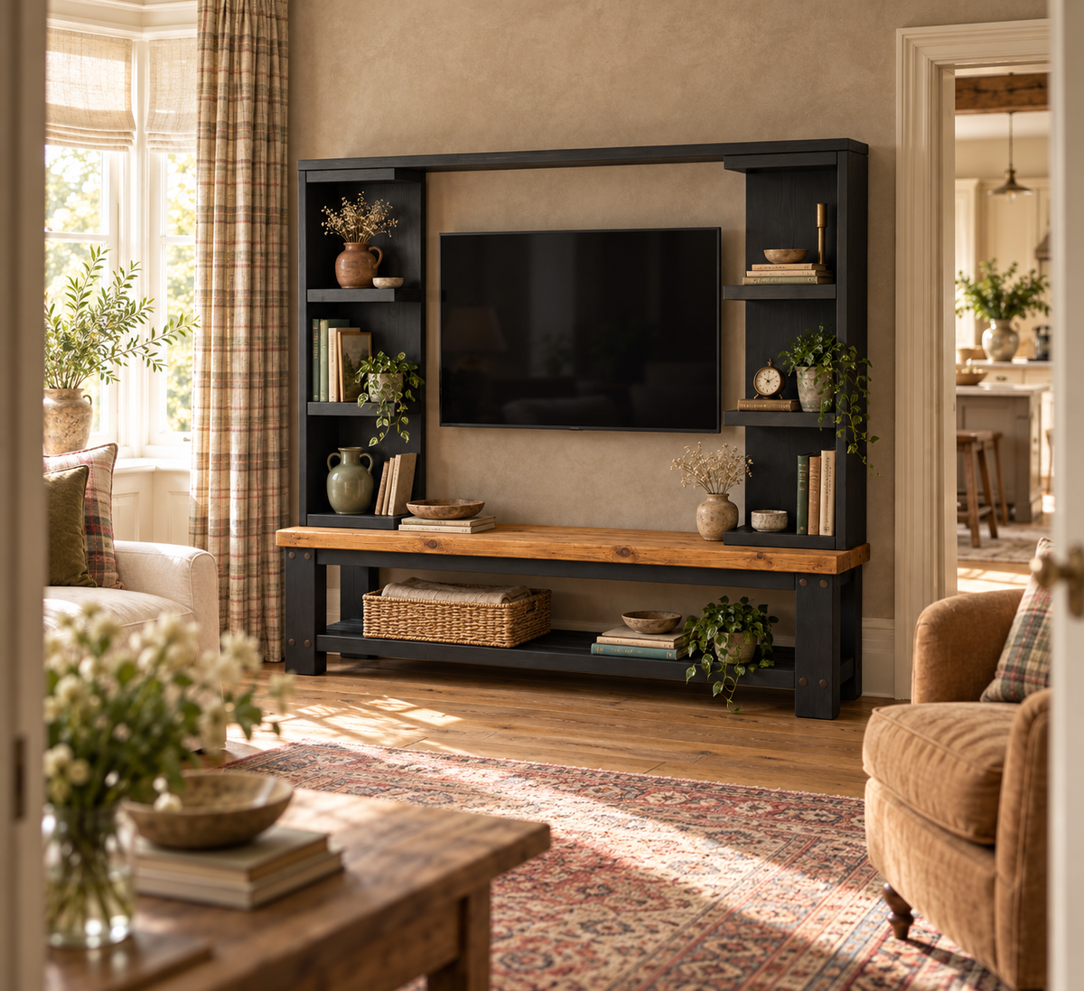 Wrenford Black Media Wall Unit with TV Stand & Shelving Solid Wood