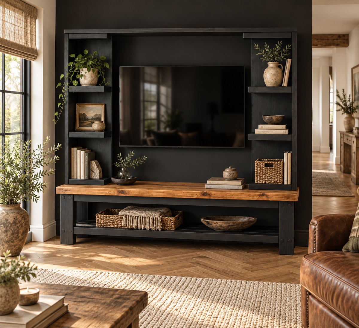 Wrenford Black Media Wall Unit with TV Stand & Shelving Solid Wood