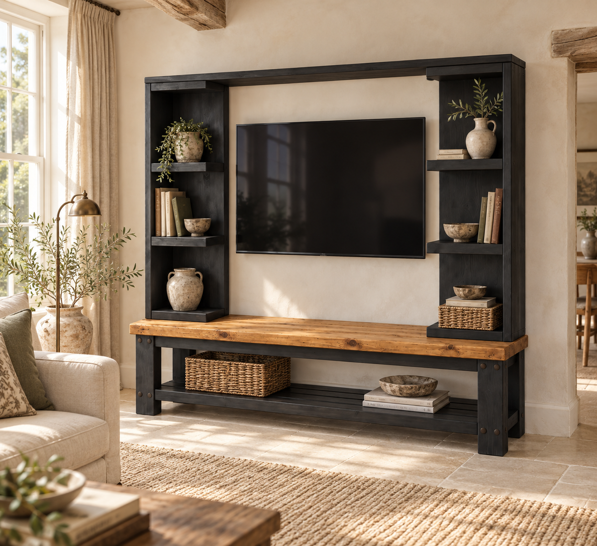 Wrenford Black Media Wall Unit with TV Stand & Shelving Solid Wood