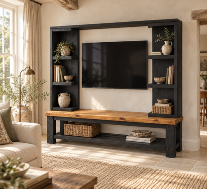 Wrenford Black Media Wall Unit with TV Stand & Shelving Solid Wood