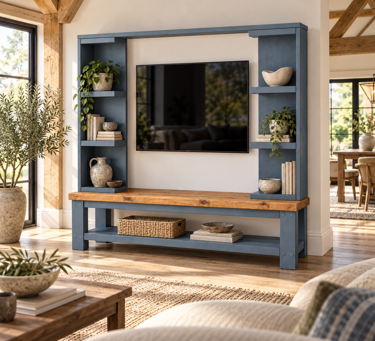 Wrenford Blue Media Wall Unit with TV Stand & Shelving Solid Wood