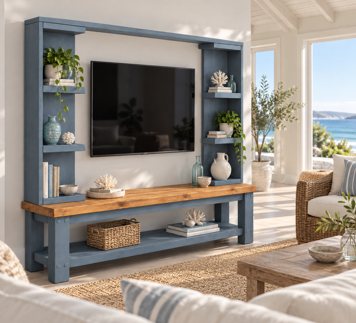 Wrenford Blue Media Wall Unit with TV Stand & Shelving Solid Wood