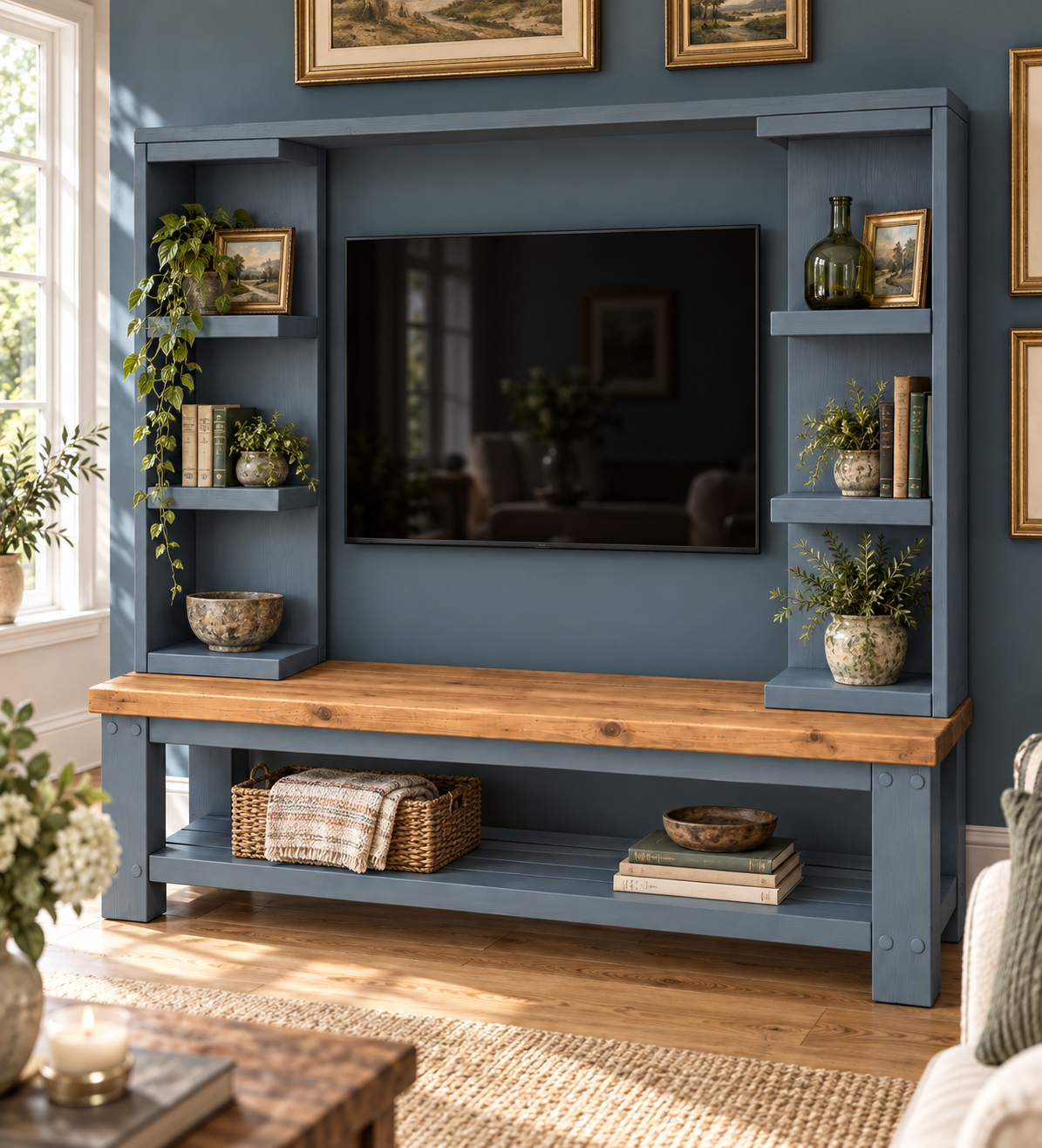 Wrenford Blue Media Wall Unit with TV Stand & Shelving Solid Wood
