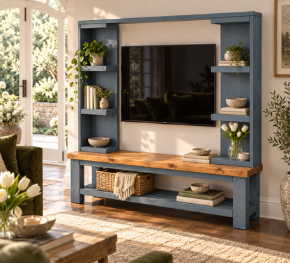 Wrenford Blue Media Wall Unit with TV Stand & Shelving Solid Wood