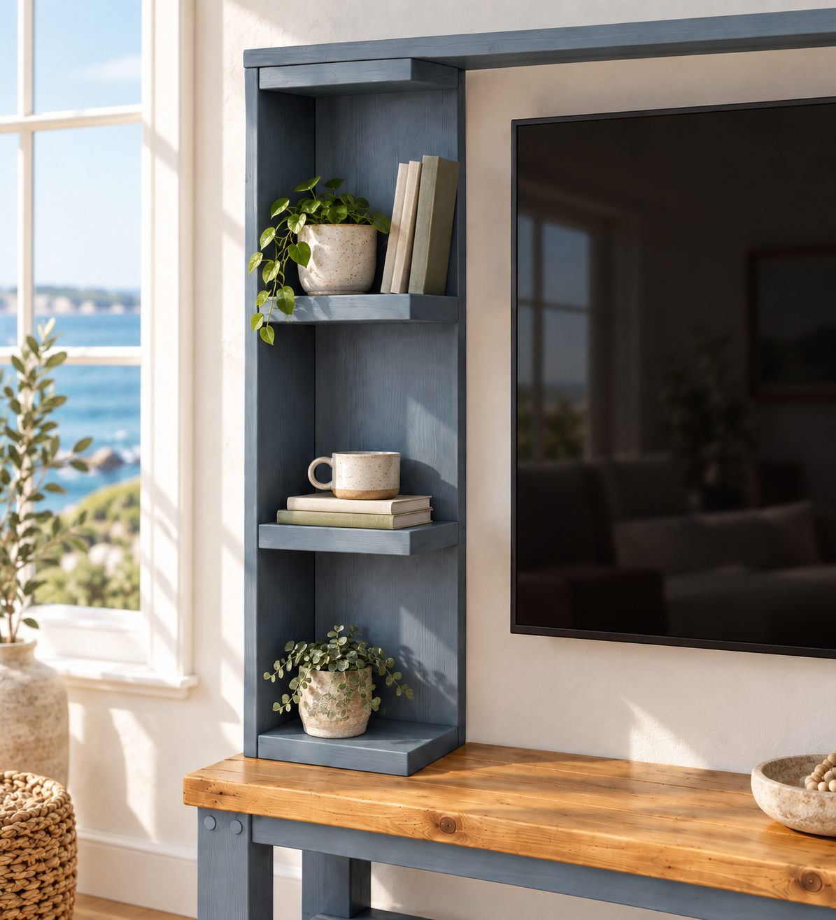Wrenford Blue Media Wall Unit with TV Stand & Shelving Solid Wood