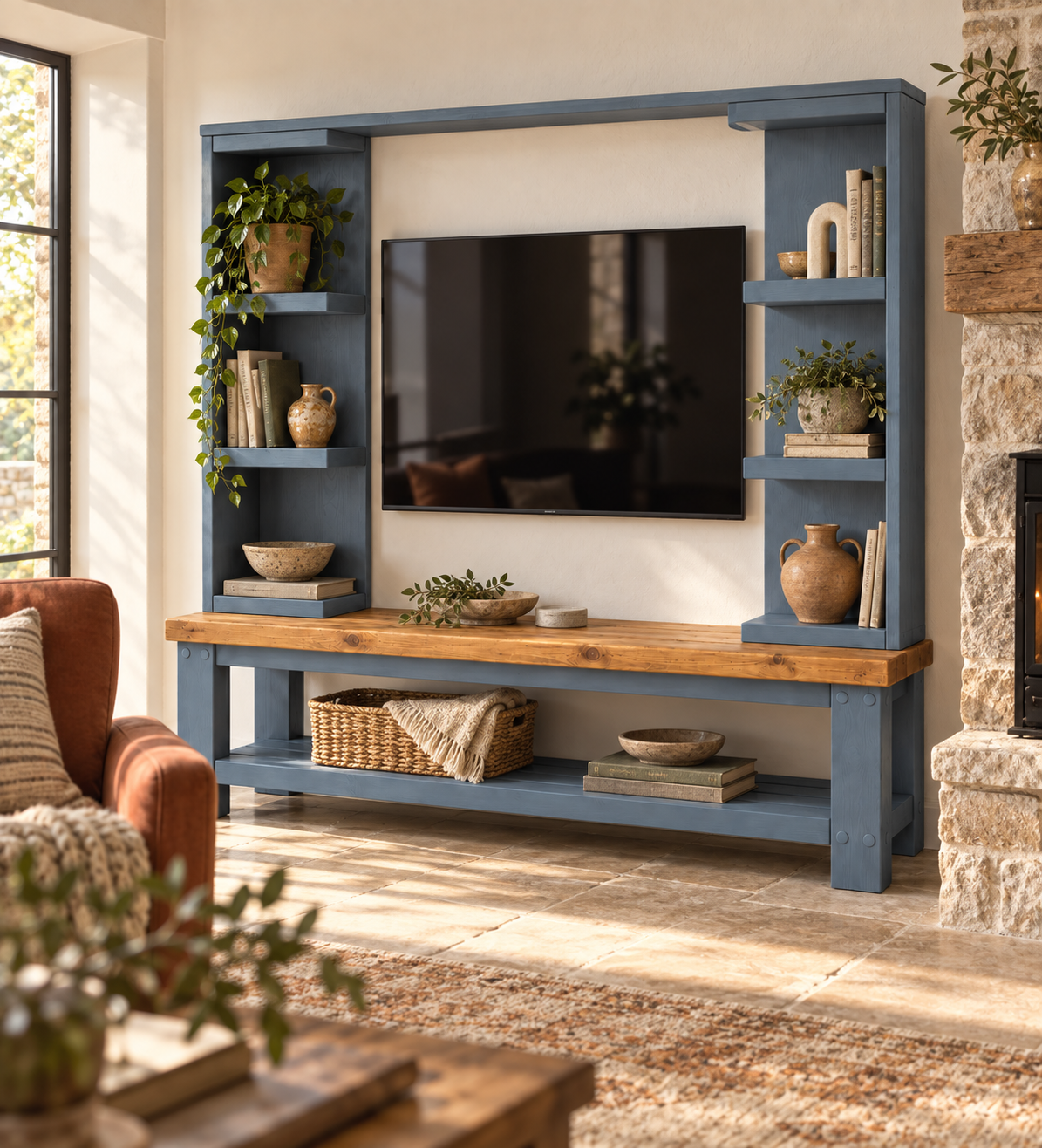 Wrenford Blue Media Wall Unit with TV Stand & Shelving Solid Wood