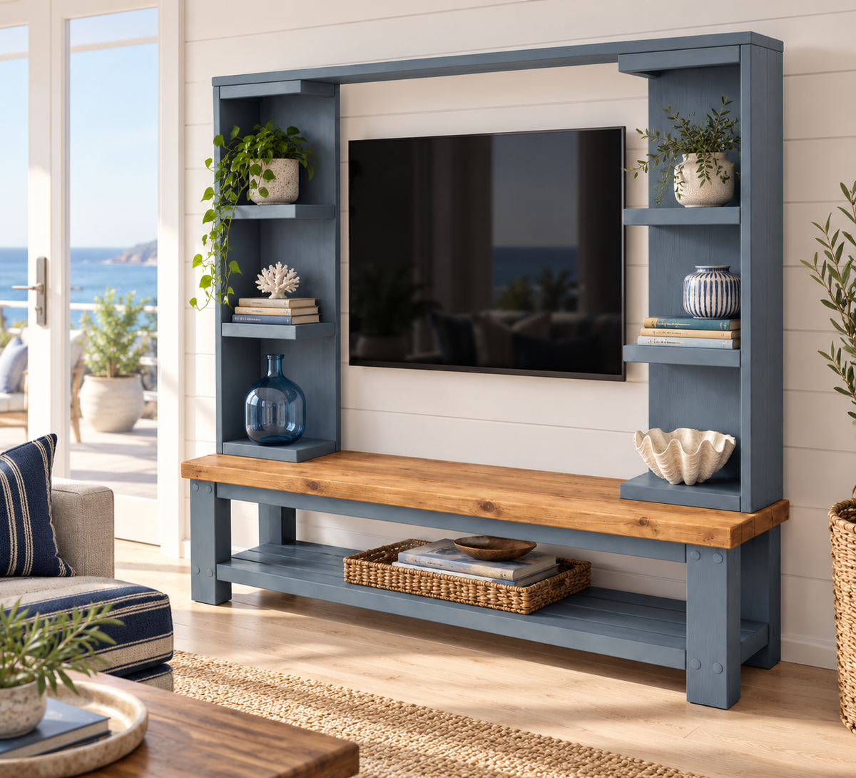 Wrenford Blue Media Wall Unit with TV Stand & Shelving Solid Wood