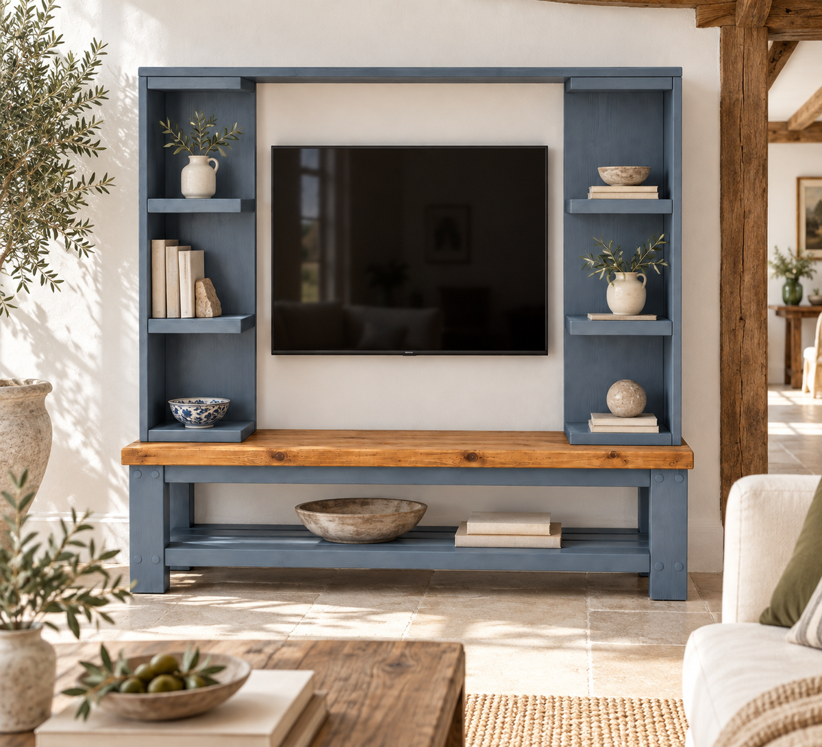 Wrenford Blue Media Wall Unit with TV Stand & Shelving Solid Wood