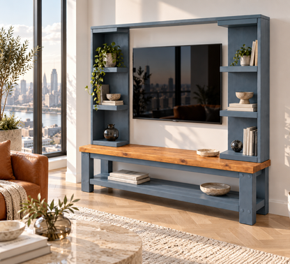 Wrenford Blue Media Wall Unit with TV Stand & Shelving Solid Wood