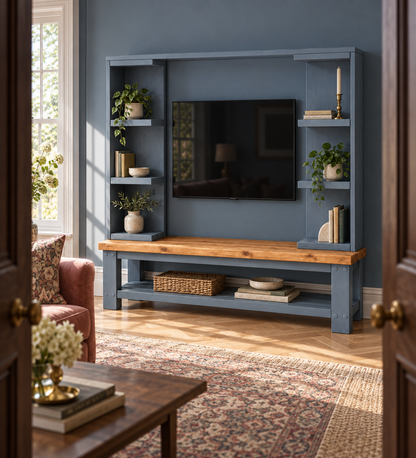 Wrenford Blue Media Wall Unit with TV Stand & Shelving Solid Wood
