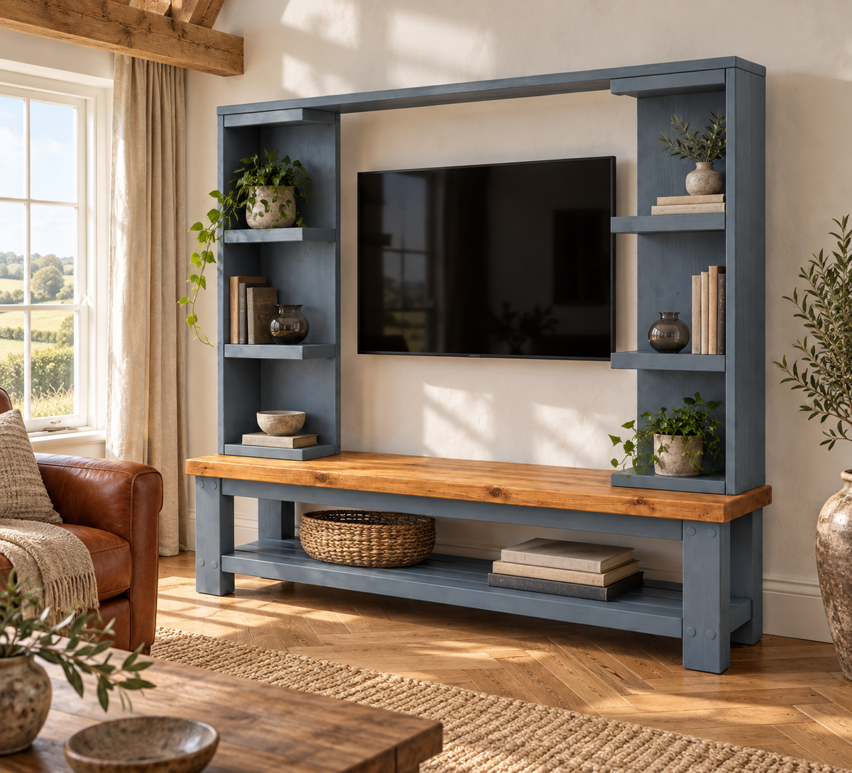 Wrenford Blue Media Wall Unit with TV Stand & Shelving Solid Wood