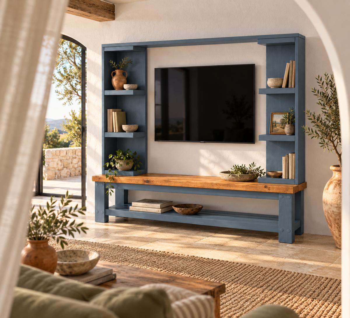Wrenford Blue Media Wall Unit with TV Stand & Shelving Solid Wood