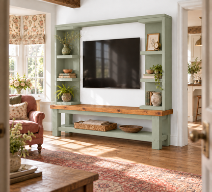 Wrenford Light Green Media Wall Unit with TV Stand & Shelving Solid Wood