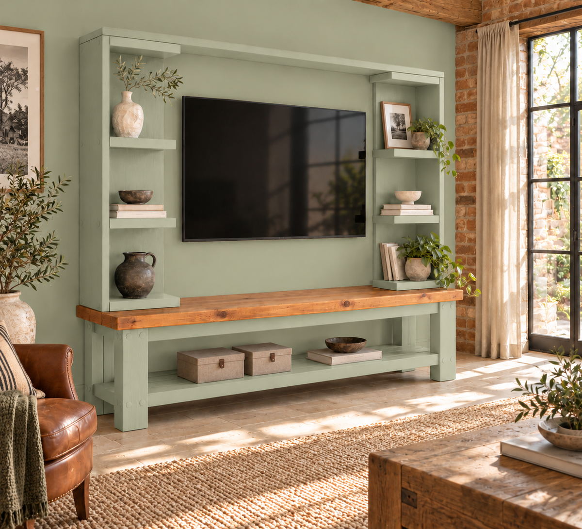 Wrenford Light Green Media Wall Unit with TV Stand & Shelving Solid Wood