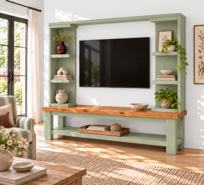 Wrenford Light Green Media Wall Unit with TV Stand & Shelving Solid Wood