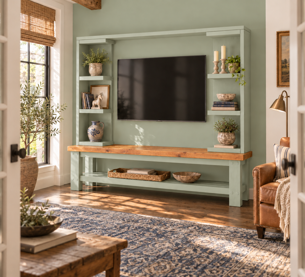 Wrenford Light Green Media Wall Unit with TV Stand & Shelving Solid Wood
