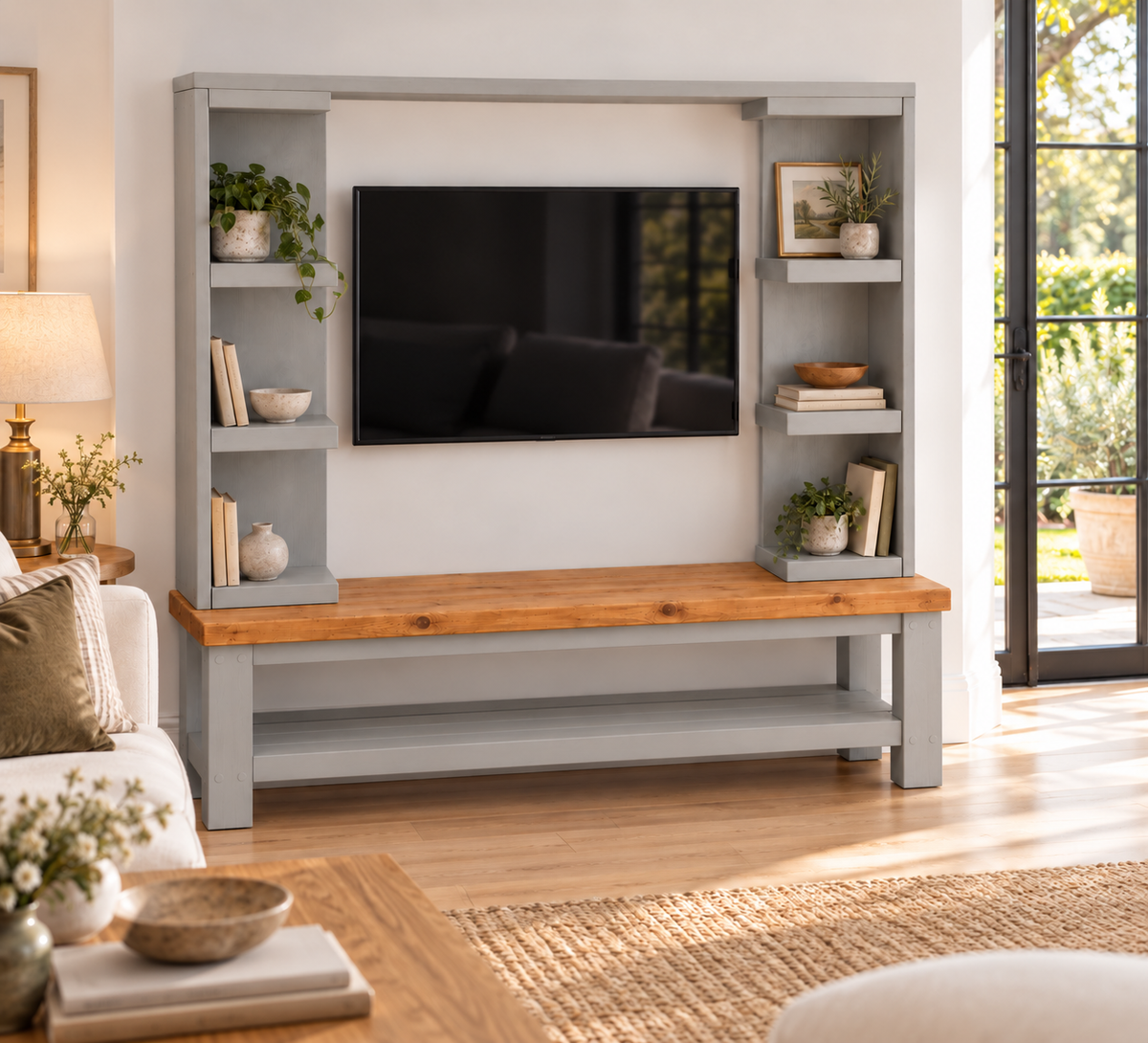 Wrenford Light Grey Media Wall Unit with TV Stand & Shelving Solid Wood
