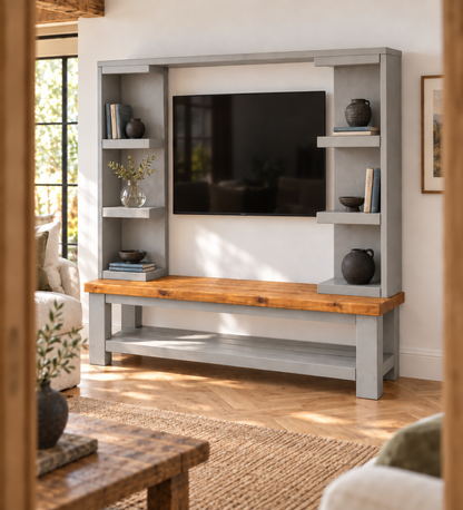 Wrenford Light Grey Media Wall Unit with TV Stand & Shelving Solid Wood