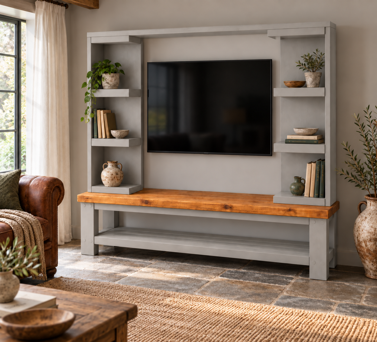 Wrenford Light Grey Media Wall Unit with TV Stand & Shelving Solid Wood