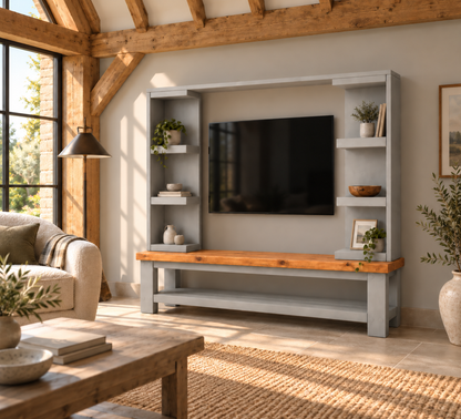 Wrenford Light Grey Media Wall Unit with TV Stand & Shelving Solid Wood