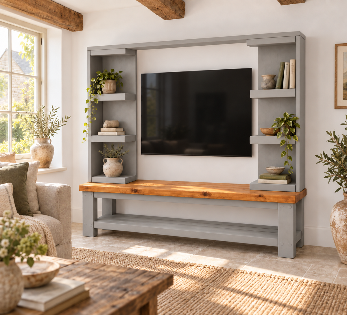 Wrenford Light Grey Media Wall Unit with TV Stand & Shelving Solid Wood