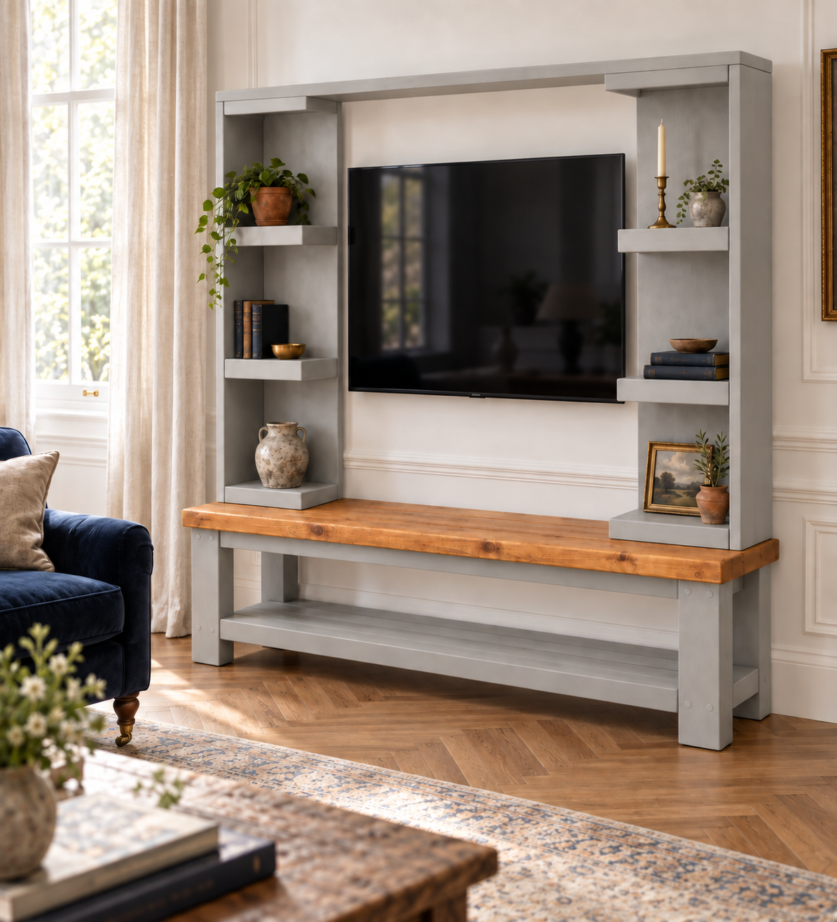Wrenford Light Grey Media Wall Unit with TV Stand & Shelving Solid Wood