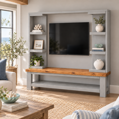 Wrenford Light Grey Media Wall Unit with TV Stand & Shelving Solid Wood
