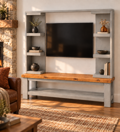 Wrenford Light Grey Media Wall Unit with TV Stand & Shelving Solid Wood