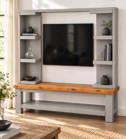 Wrenford Light Grey Media Wall Unit with TV Stand & Shelving Solid Wood