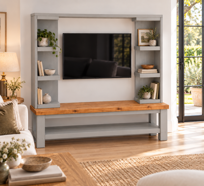 Wrenford Medium Grey Media Wall Unit with TV Stand & Shelving Solid Wood