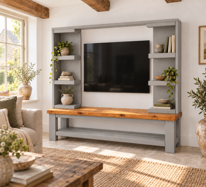 Wrenford Medium Grey Media Wall Unit with TV Stand & Shelving Solid Wood