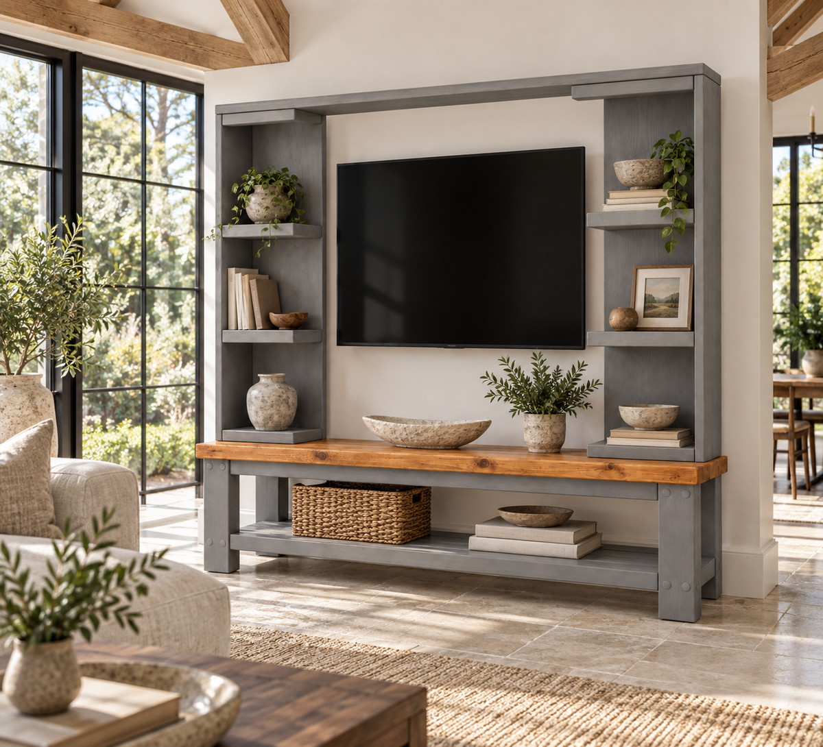 Wrenford Medium Grey Media Wall Unit with TV Stand & Shelving Solid Wood