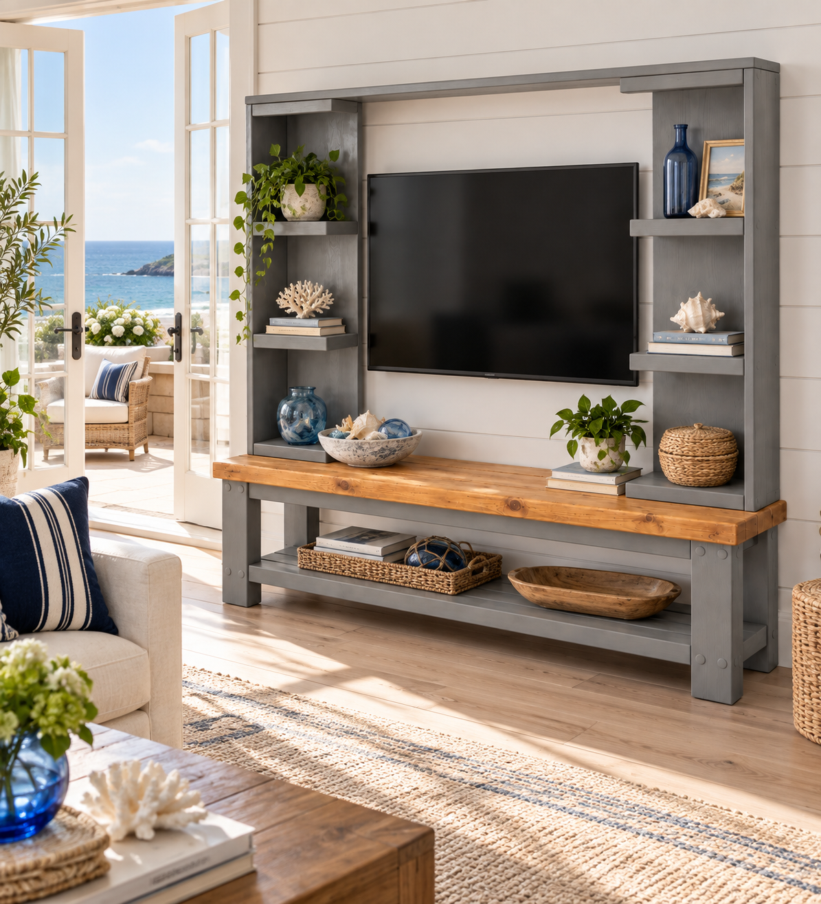 Wrenford Medium Grey Media Wall Unit with TV Stand & Shelving Solid Wood