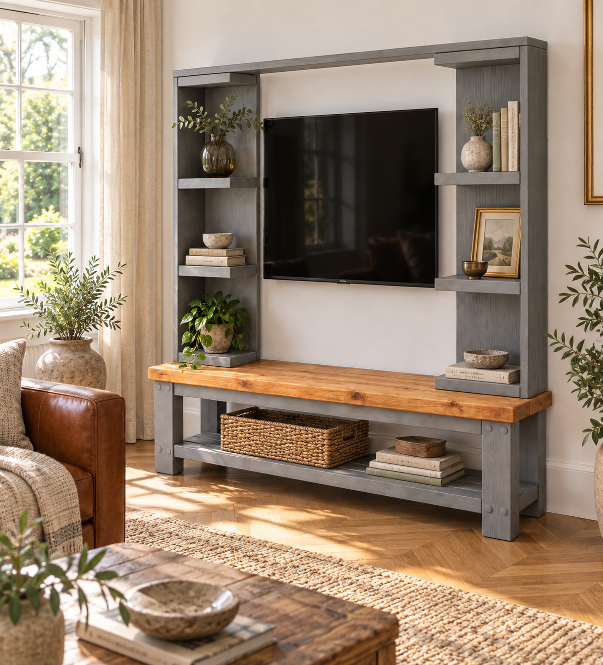 Wrenford Medium Grey Media Wall Unit with TV Stand & Shelving Solid Wood