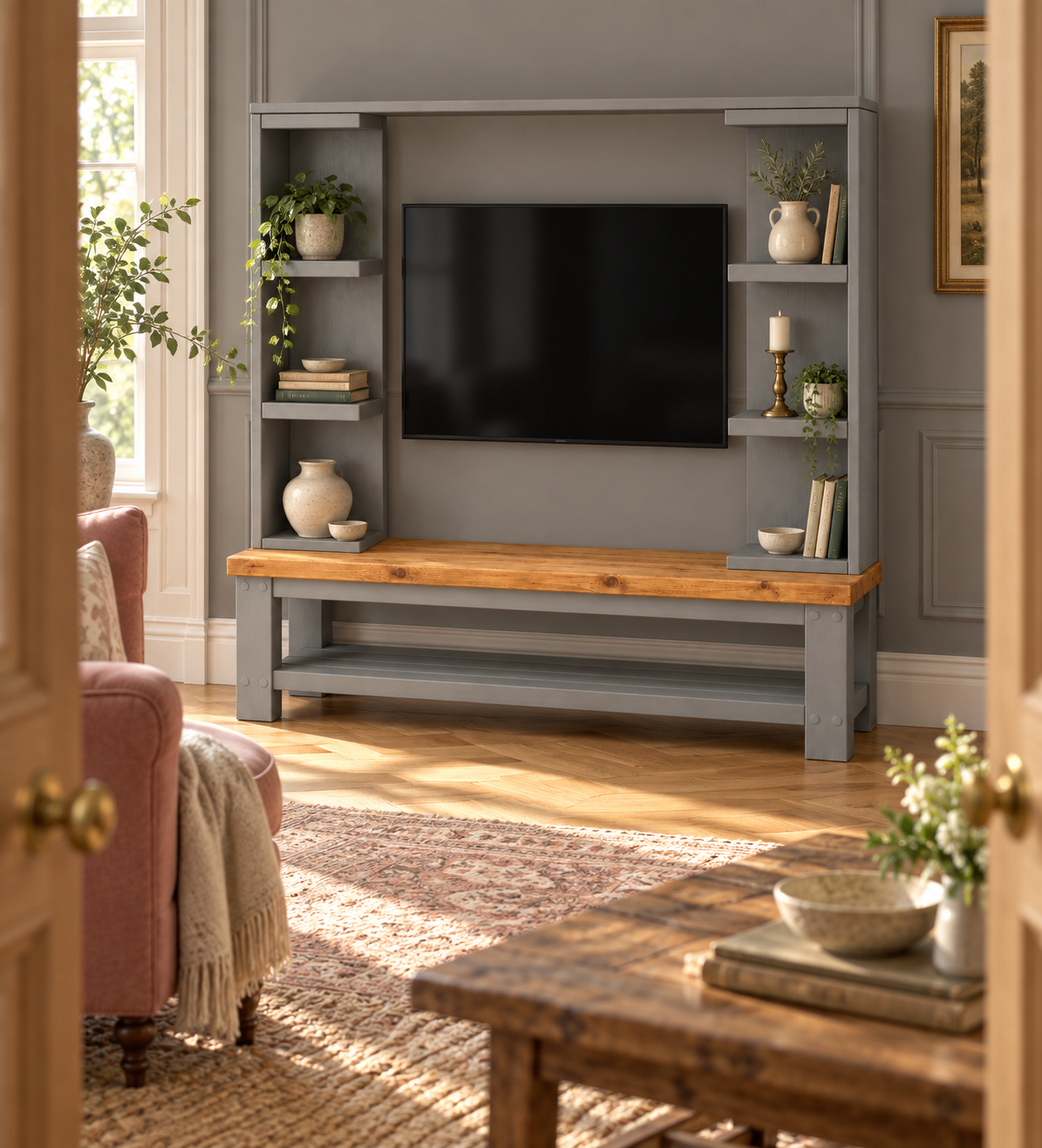 Wrenford Medium Grey Media Wall Unit with TV Stand & Shelving Solid Wood