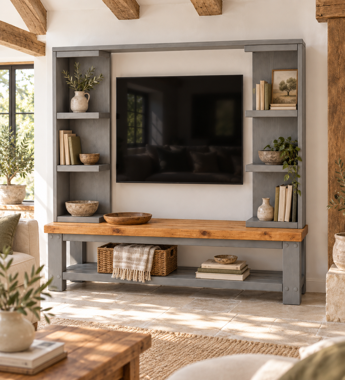 Wrenford Medium Grey Media Wall Unit with TV Stand & Shelving Solid Wood