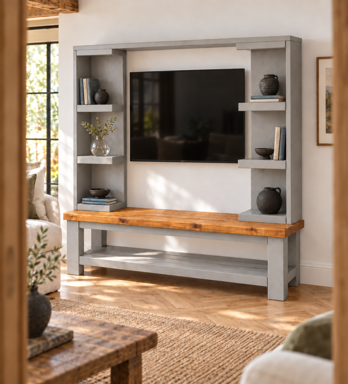 Wrenford Medium Grey Media Wall Unit with TV Stand & Shelving Solid Wood