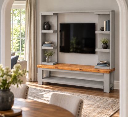Wrenford Medium Grey Media Wall Unit with TV Stand & Shelving Solid Wood