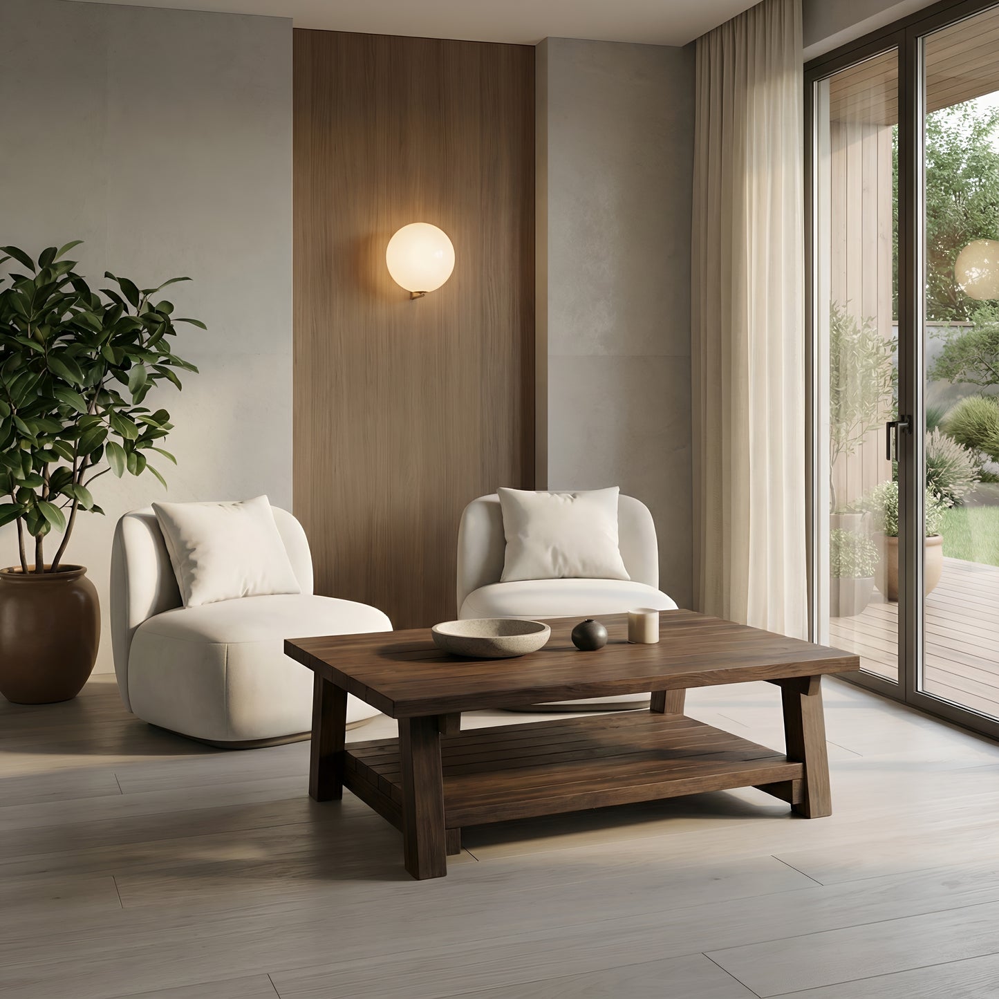 Large ARBA Rustic Wooden Coffee Table With Shelf In Walnut