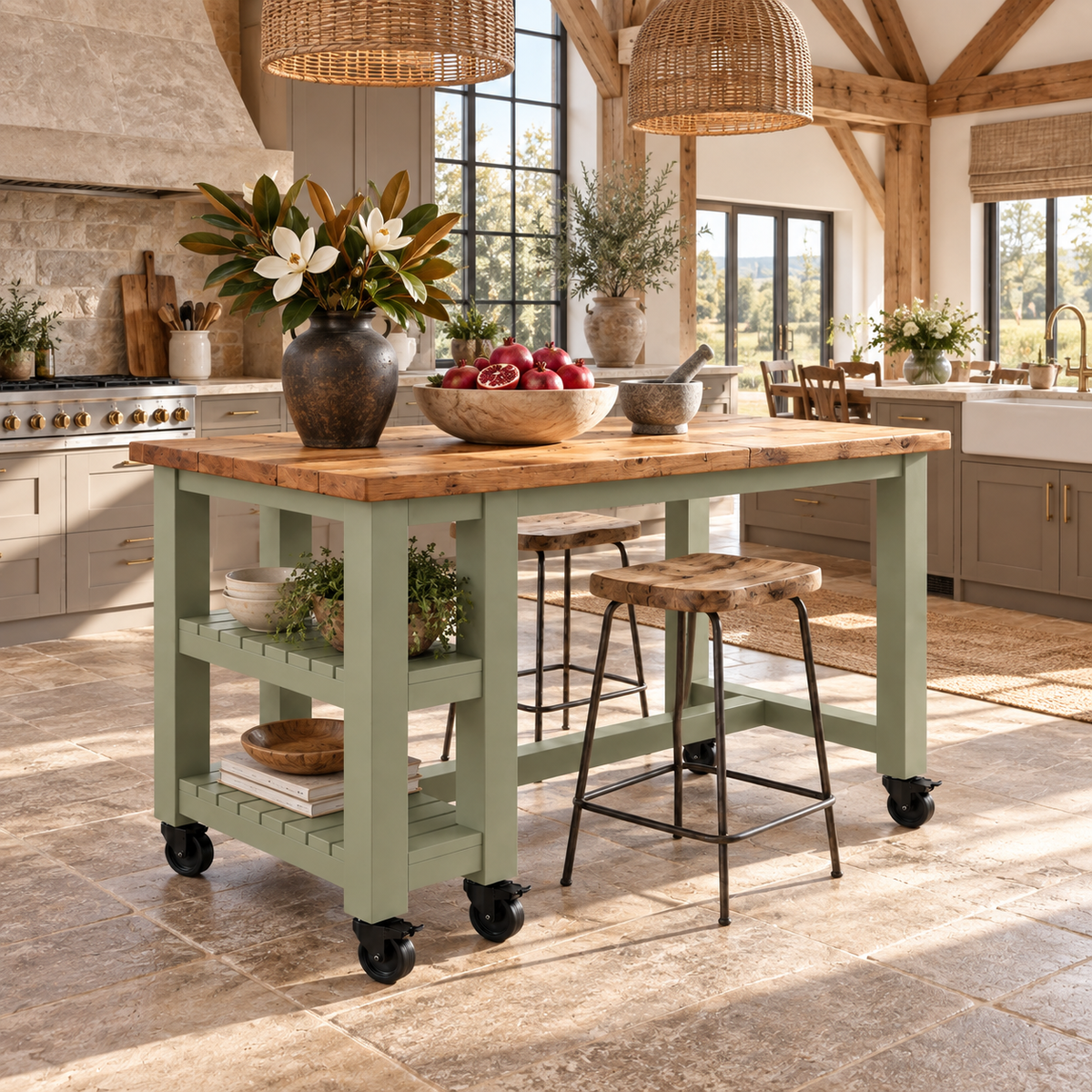 NORVIK Light Green Cart On Wheels Solid Wood Kitchen Island With Shelf / Breakfast Bar