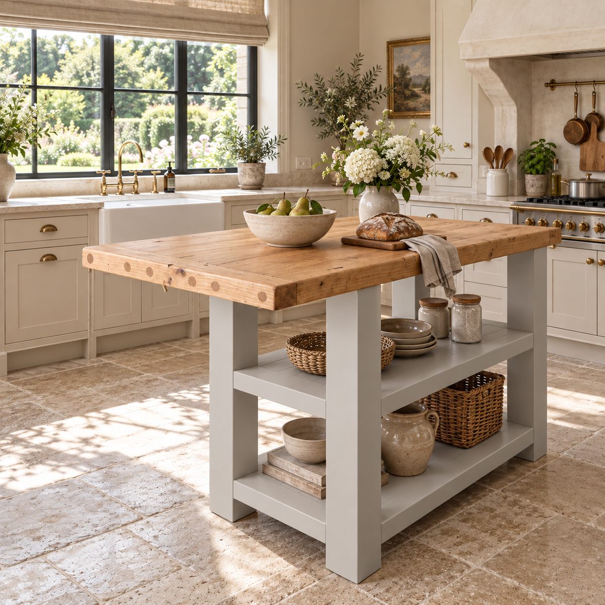 DUNSMERE Light Grey Kitchen Island With Overhang / Breakfast Bar / Rustic Island