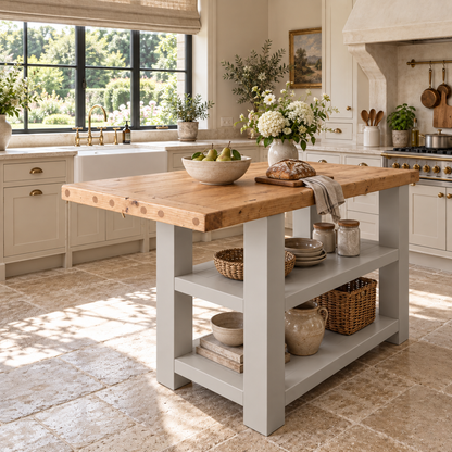 DUNSMERE Light Grey Kitchen Island With Overhang / Breakfast Bar / Rustic Island