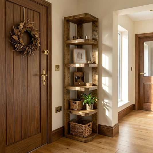 Belix W32cm Solid Wood Corner Bookshelf –  Open Bookcase, Rustic Scandinavian Design