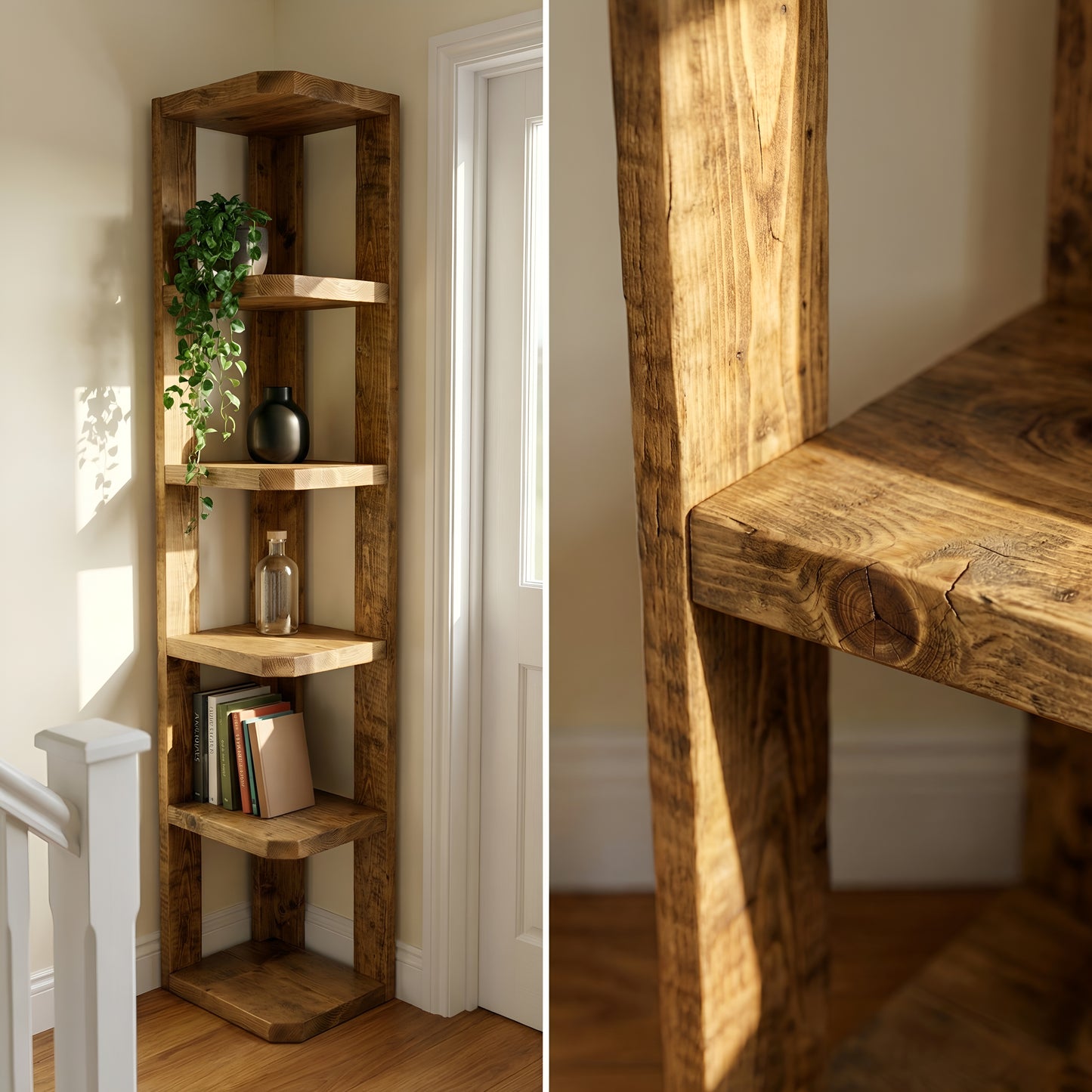 Belix W32cm Solid Wood Corner Bookshelf –  Open Bookcase, Rustic Scandinavian Design
