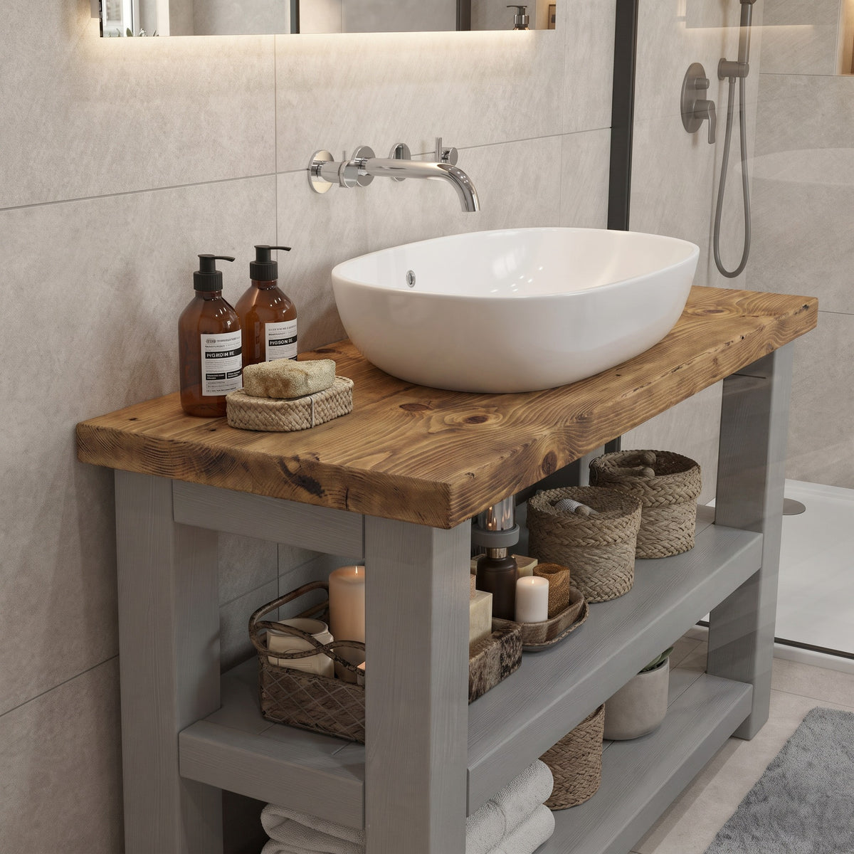 BRAMLEY Medium Grey Solid Wood Bathroom Vanity With Shelf
