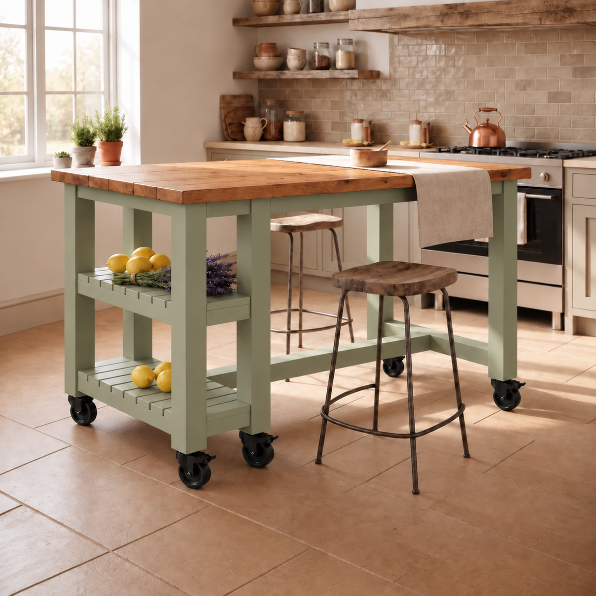 NORVIK Light Green Cart On Wheels Solid Wood Kitchen Island With Shelf / Breakfast Bar